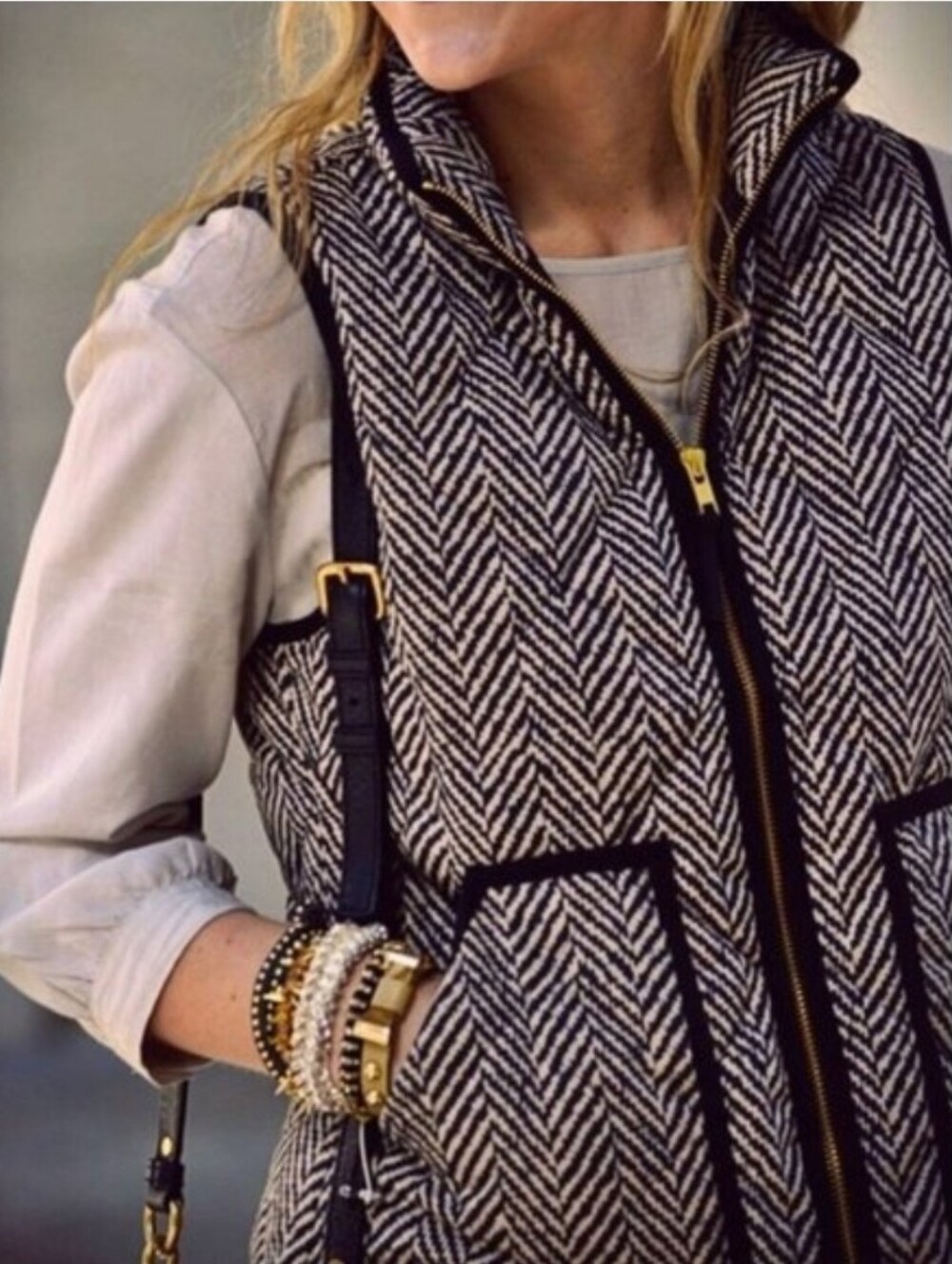 J. Crew Black and Cream Herringbone-Lined Jacket Vest Size XS